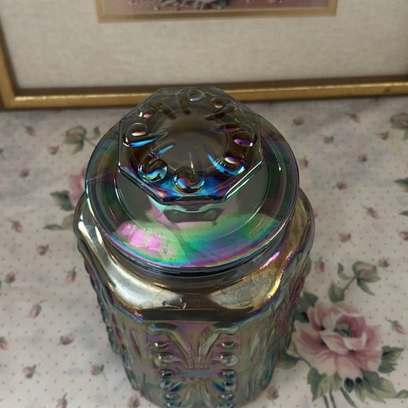 Vintage L.E. Smith Atterbury Scroll iridescent carnival glass canister jar - Picture 2 of 4